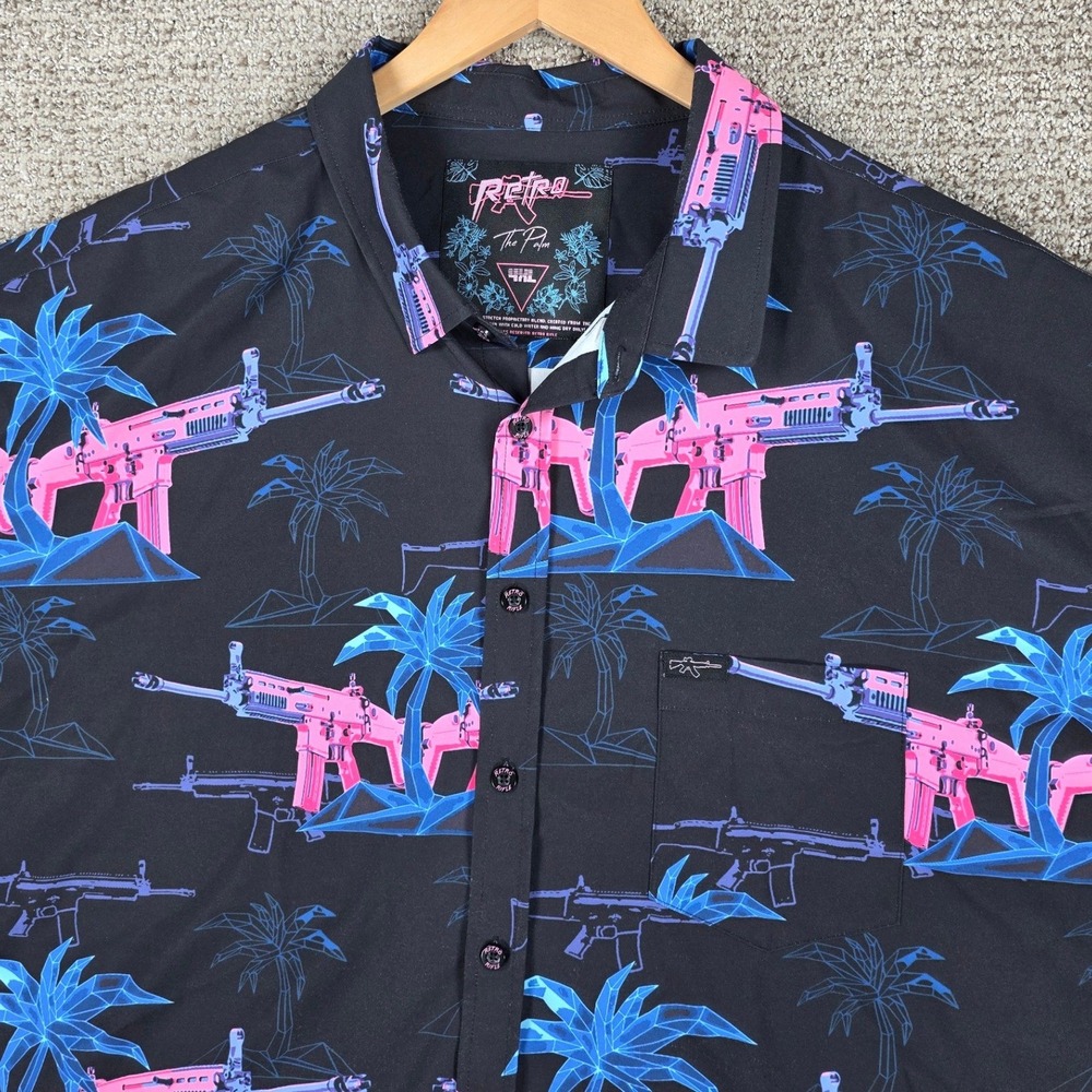 Retro Rifle The Palm 4XL Mens Button Shirt Black Pink Blue Gun Palm Tree Print